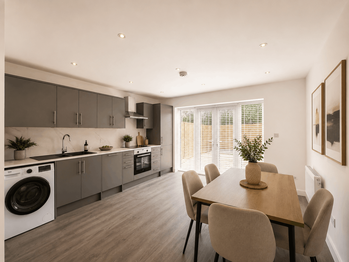 Digitally staged Ramsden Square shared kitchen and dining room, supplied by Babouris