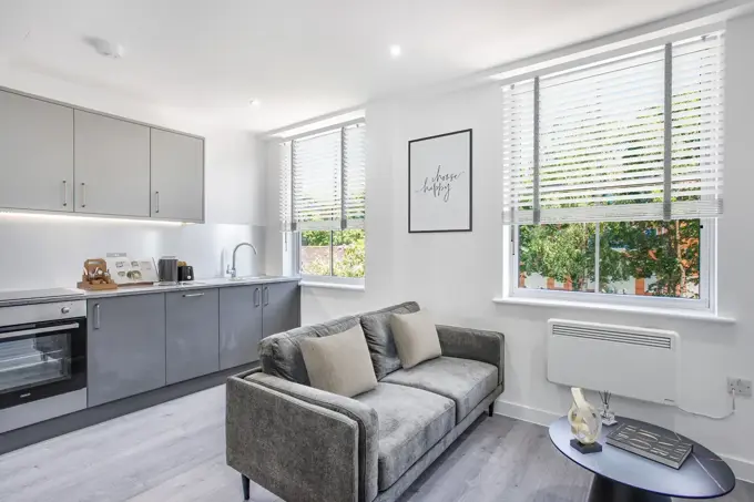 Kitchen and living space at Virginia House, Egham